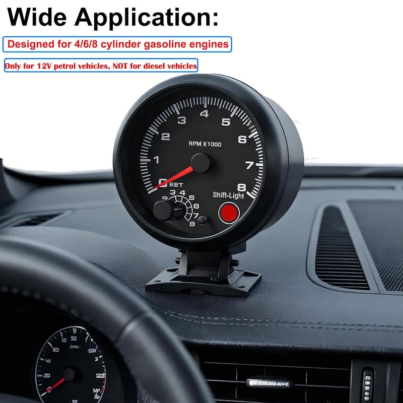 BLLYOGU عداد دورات رقمي 3.75" 12V، 0-8000 دورة في الدقيقة، لمحركات البنزين 4/6/8 أسطوانات - Image 5